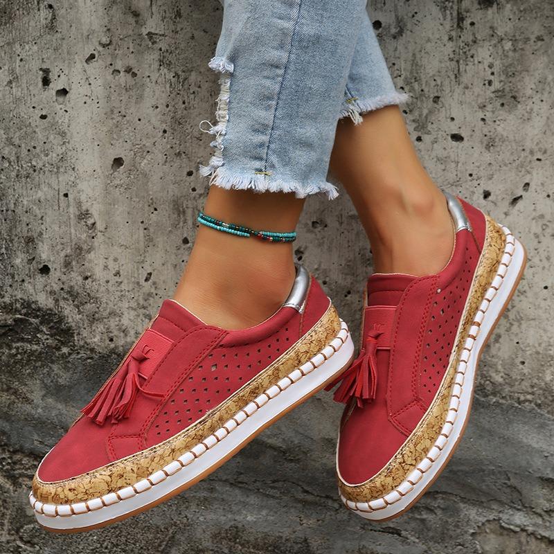 Neue Retro-Rundzehen-Elastik-Perforierte Atmungsaktive Einzelne Schuhe mit Lässigen Fransen und Flachen Sohlen