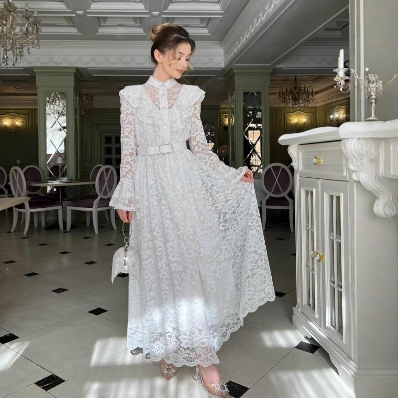 2025 French Women's Dress High-end Fungus Edge Splicing Single-breasted Waist Lace Embroidered Dress