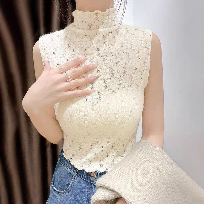 Lace Vest with Half High Neck Sleeveless Bottom Shirt Women's New Autumn and Winter Hollow-out with Short Mesh Top