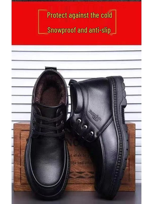 Warm Non-Slip Men's High-Top Cotton Leather Shoes for Winter