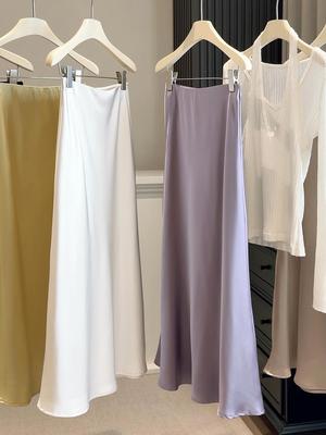 2026 Spring/Summer Double-Sided Acetate Satin Mermaid A-line Skirt - Korean Style Drape Hip-Hugging Long Skirt for Women