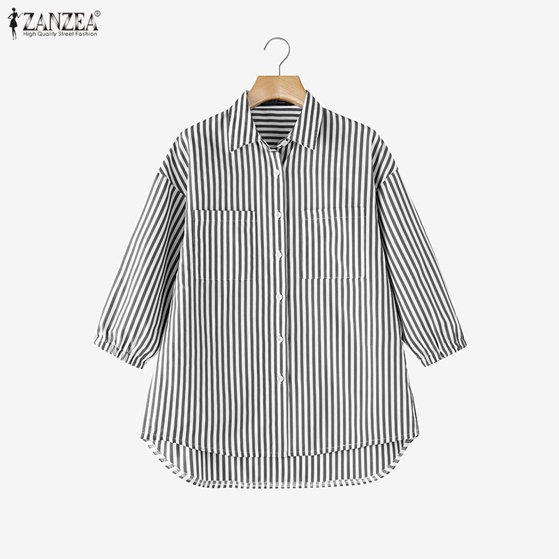 ZANZEA Women Casual Turn Down Collar 3/4 Sleeve Loose Stripe Blouse