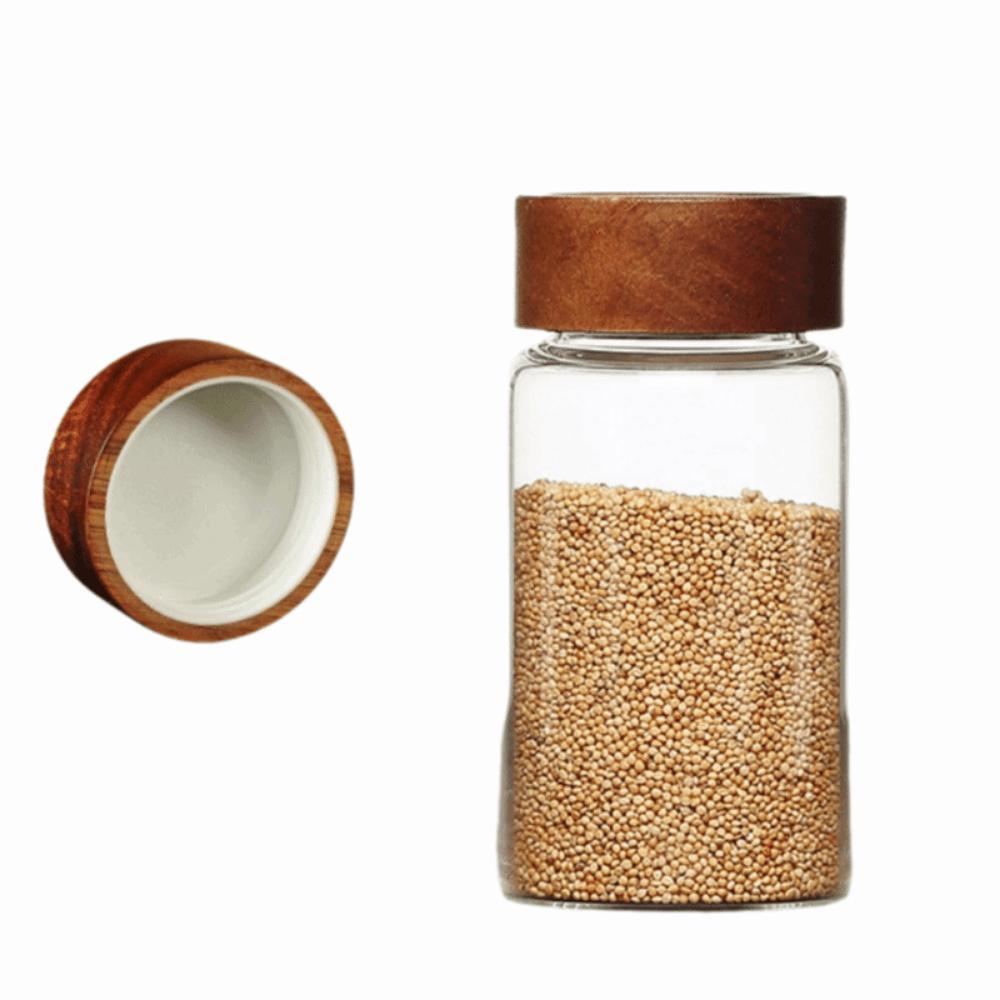 Screw Airtight Seal Glass Storage Jar with Wood Lid Multi-Purpose Tea Coffee Beans Containers Durable Clear Glass