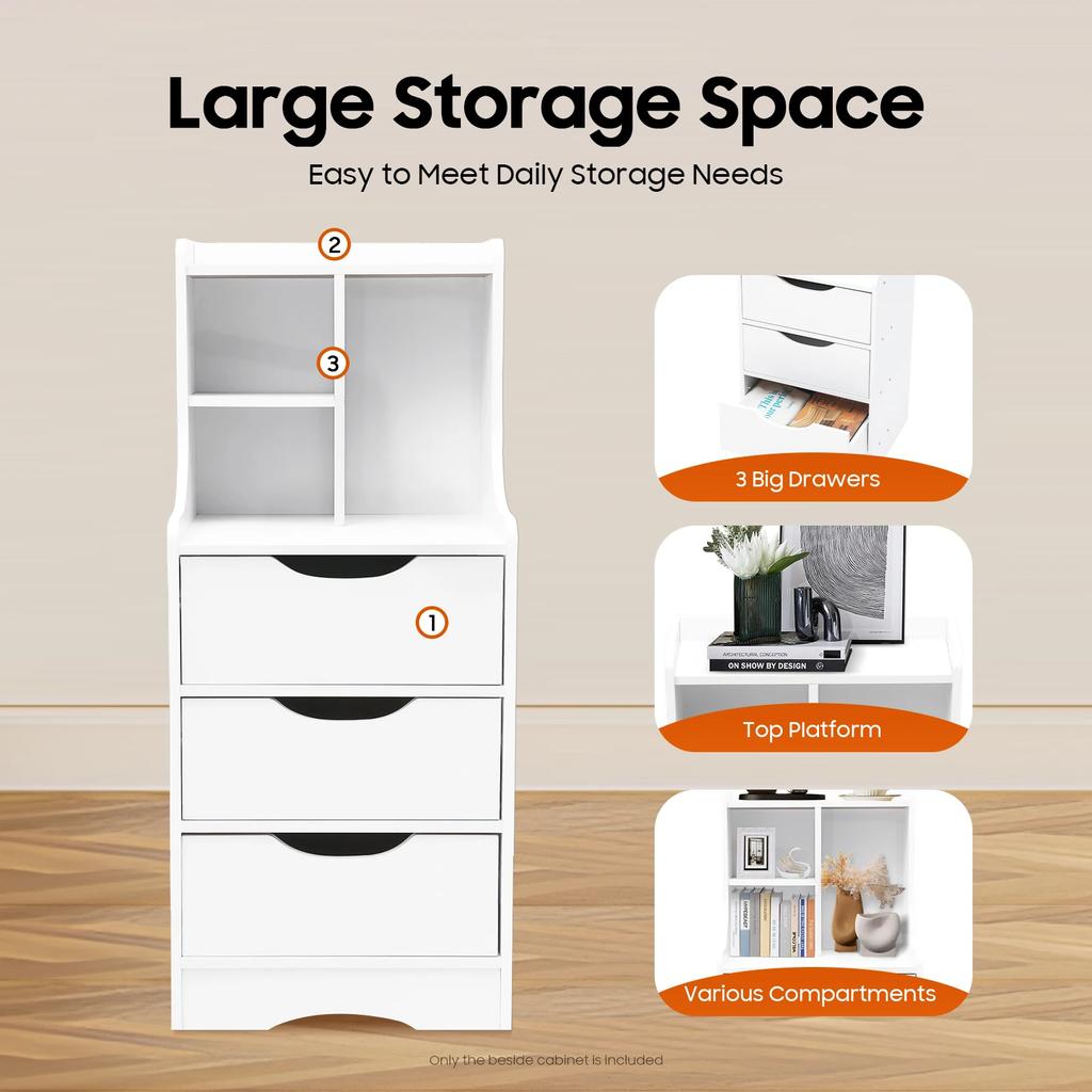3Drawer Vertical Bedside Cabinet,Load Capacity 27.56 lbs,14.56" L x 11.81" W x 33.46" H,Tall Nightstand for Study or Bedroom Use