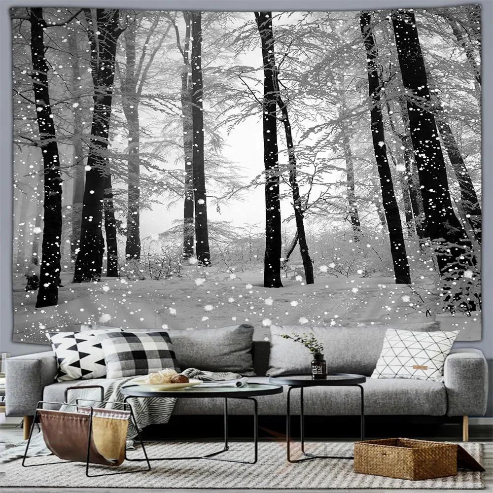 Winter Forest Snow Scene Tapestry Wall Hanging Christmas Tree Happy New Year Bedroom Living Room Home Decoration