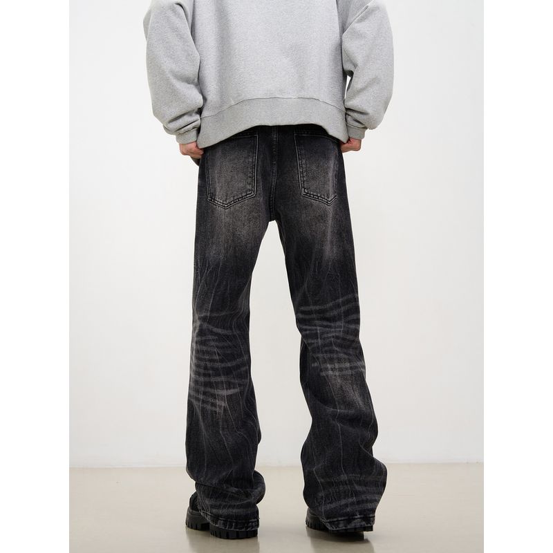 Kisko High Street American Lightning Pattern Washed Black Jeans Men's Trendy Straight-Leg Slimming Cleanfit Long Pants