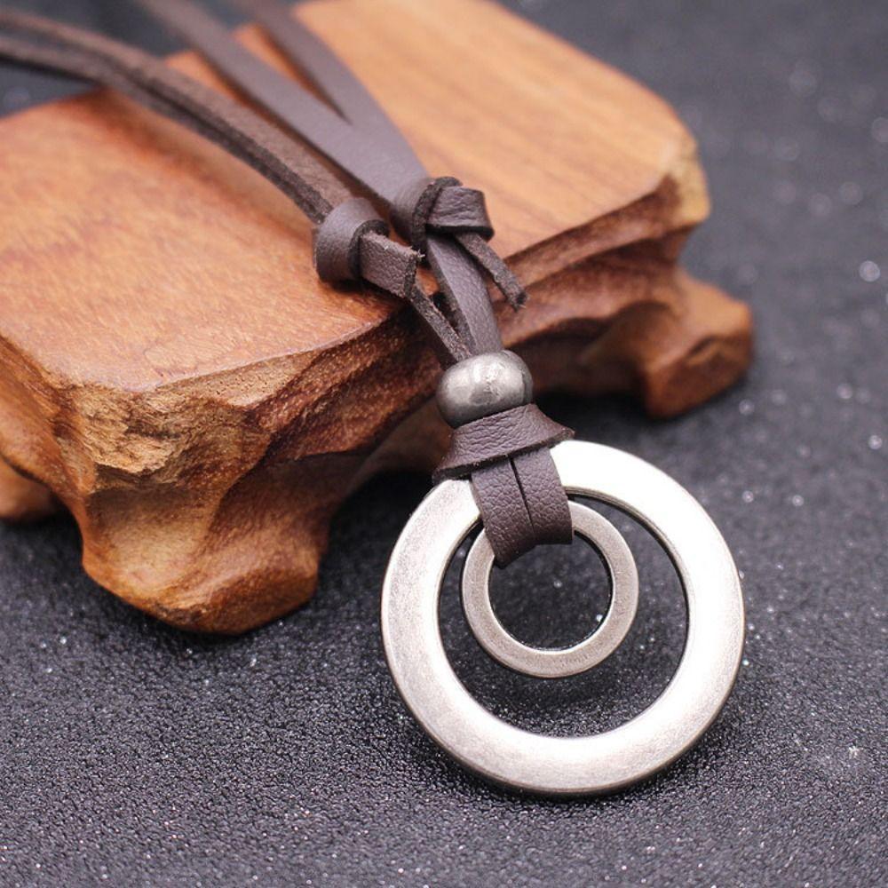 Mode Weihnachtsgeschenk Männer Frauen Doppelkreis Halskette Anhänger Schmuck Verstellbare Lederschnur