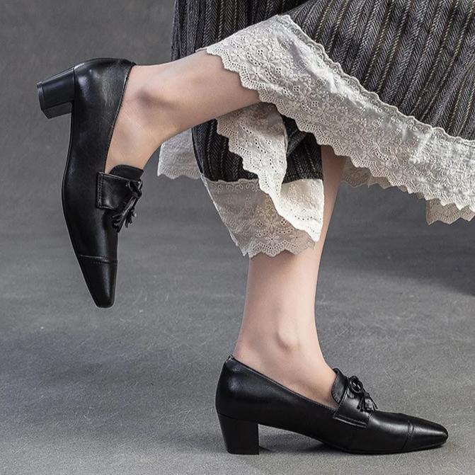 Johnature Retro Genuine Leather Pumps Square Toe Thick Heel Versatile Commuting Women's Shoes