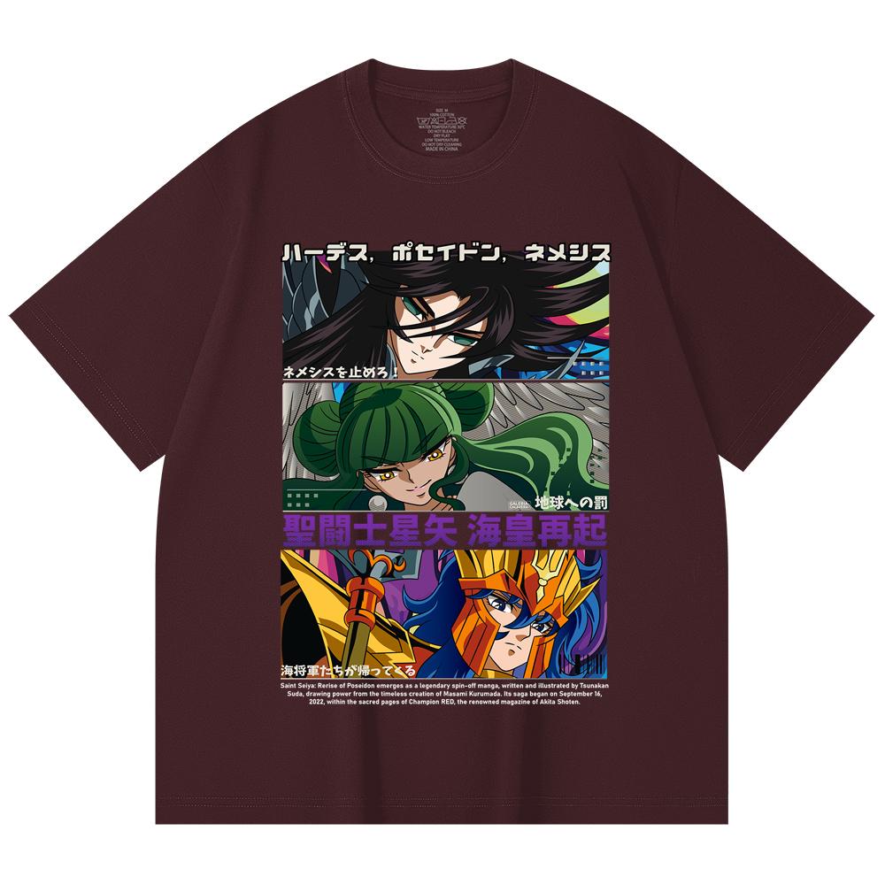 

230 Gsm 100% Cotton Saint Seiya V3 Rerise of Poseidon Print Unisex Heavy Cotton T Shirt 2XL вина червоного кольору