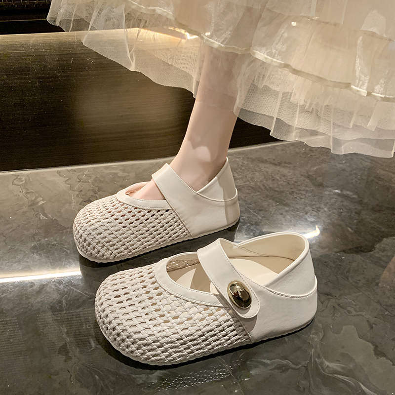 Woven thick-soled inner height increase one pedal Velcro Mary Jane shoes children with skirts 2025 summer new single shoes
