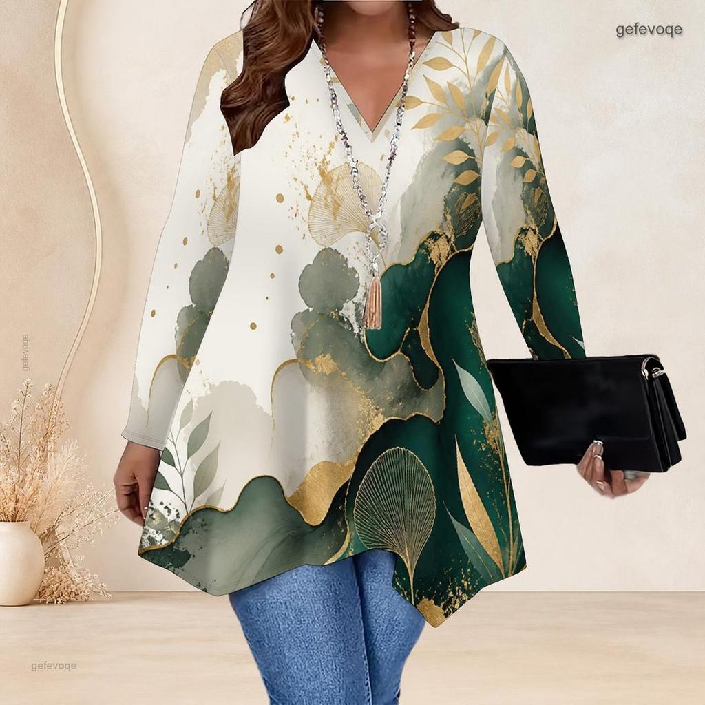 Women Plus Size V Neck Long Sleeve Halloween Ghost Pumpkin Printed Asymmetric Hem Tunic Top