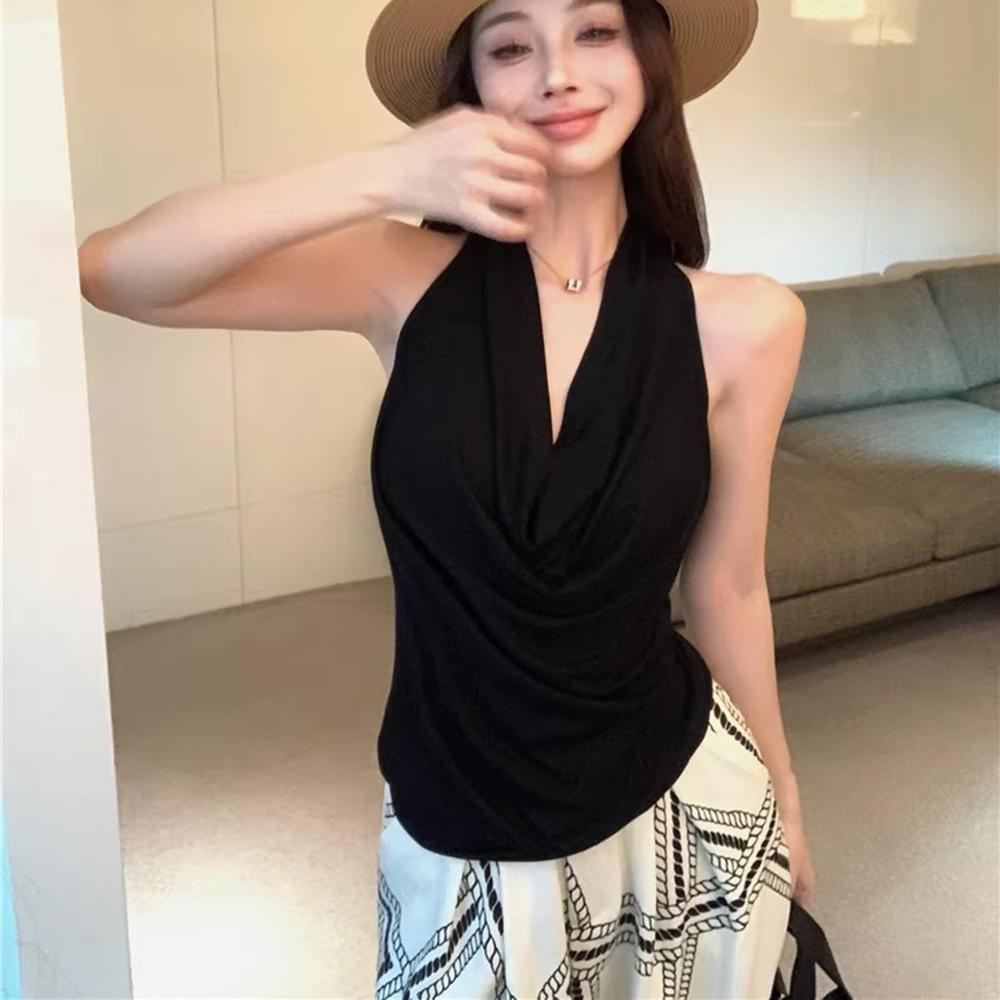 Women s Korean Draped Halter Neck Tank Top, Open Back Slim-Fit Camisole with Built-in Bra One size