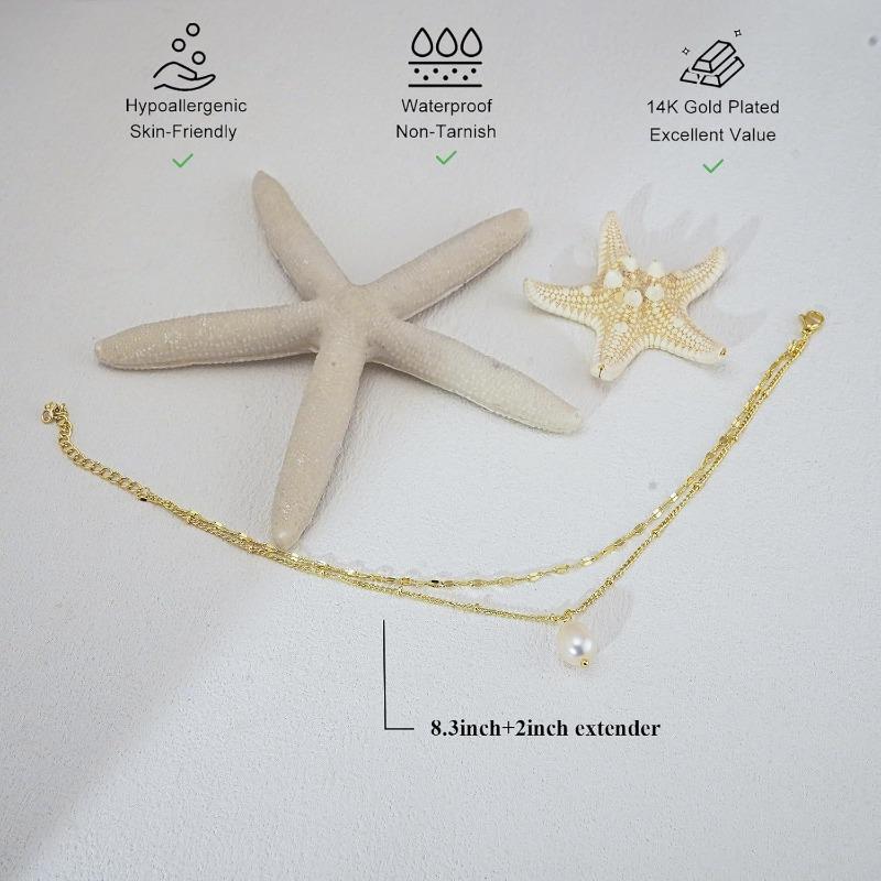 Ankle Bracelets for Women Girls 14K Gold Silver Plated Waterproof Boho Pearl Charm Beaded Foot Chain Dainty Summer Beach Jewelry