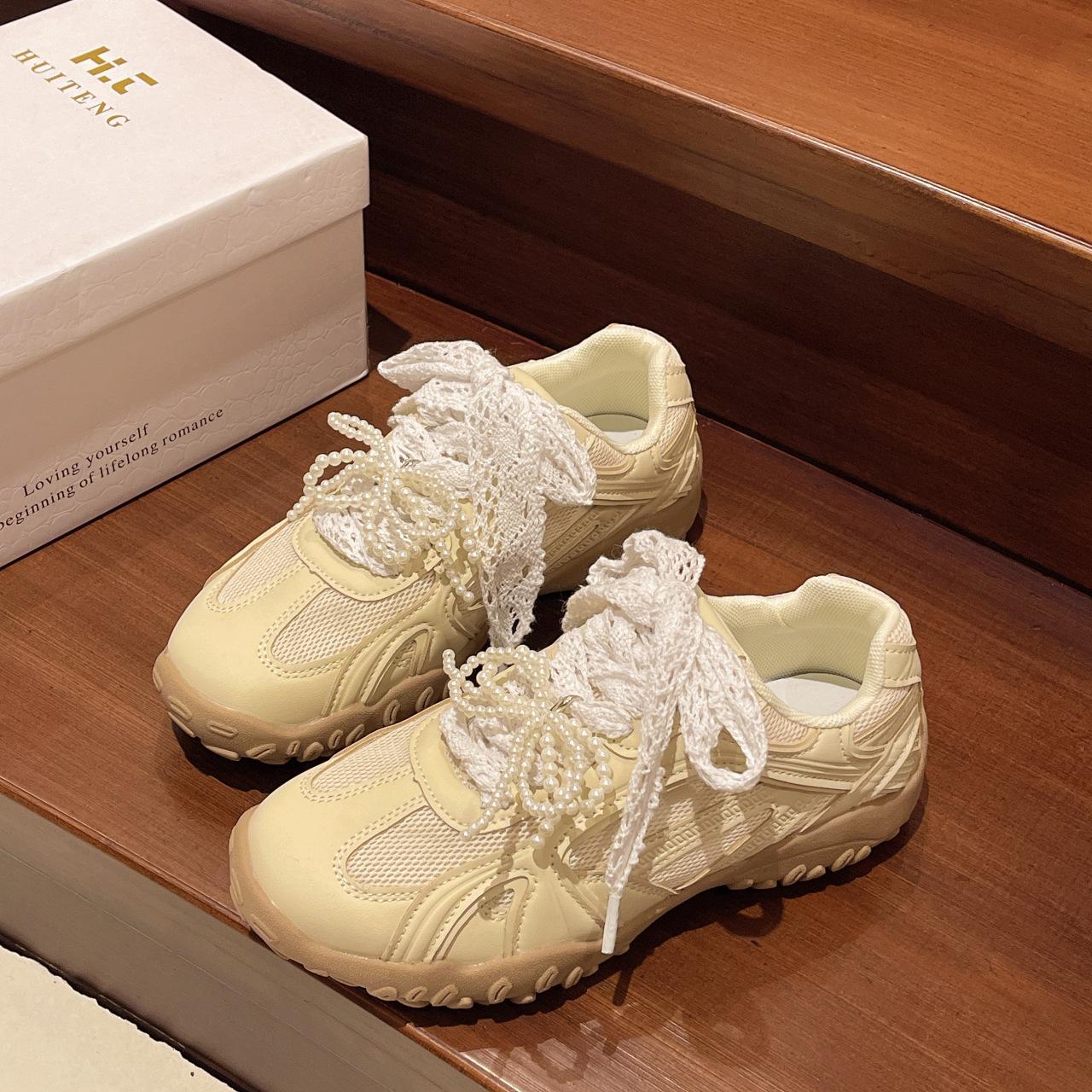 

Spring new silver ballet breathable lace pearl belt heightening casual women s shoes 35 бежевий