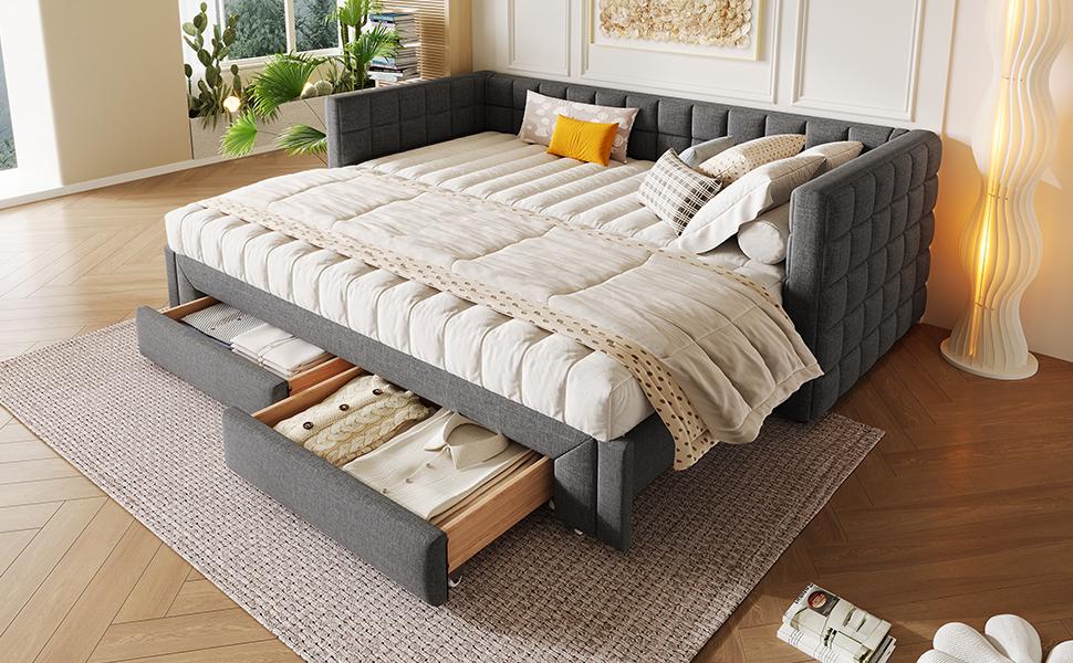 Daybed, Daybed, 90 X 200cm, Sofa Bed with Square Backrest, Pull-Out Bed (Extendable To 180 Queen Size), 2 Drawers, Without Mattress, Grey