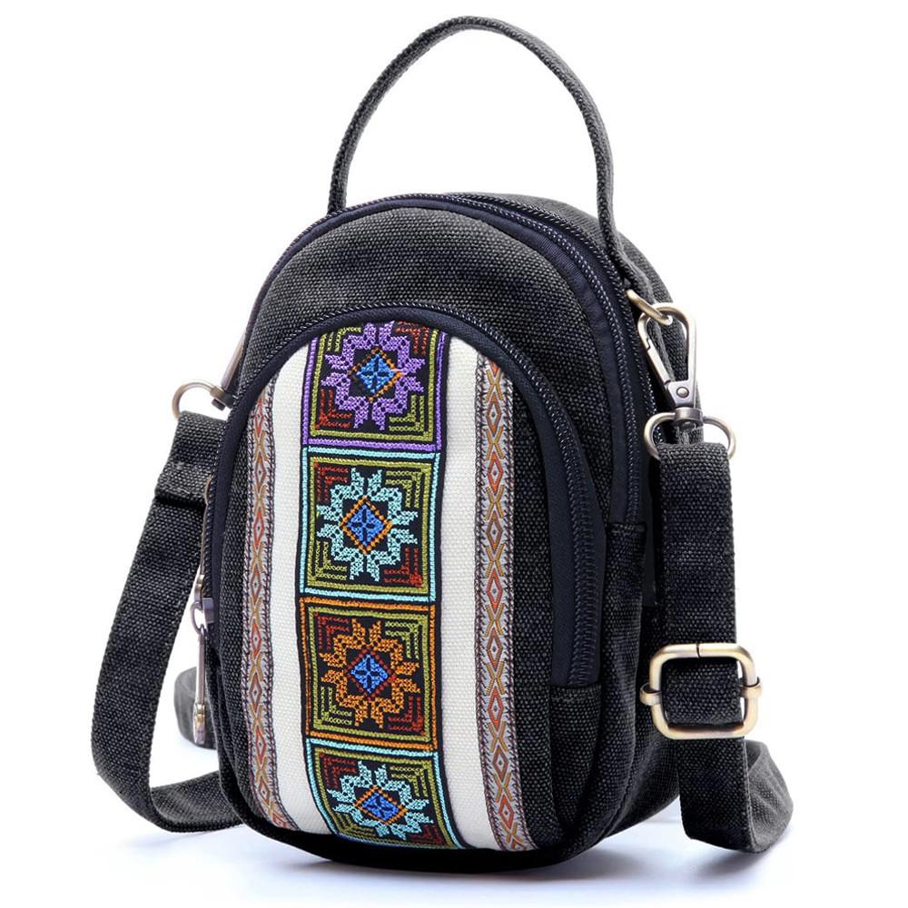 Ethnic Style Embroidered Canvas Bag With Zipper Pockets For Daily Use