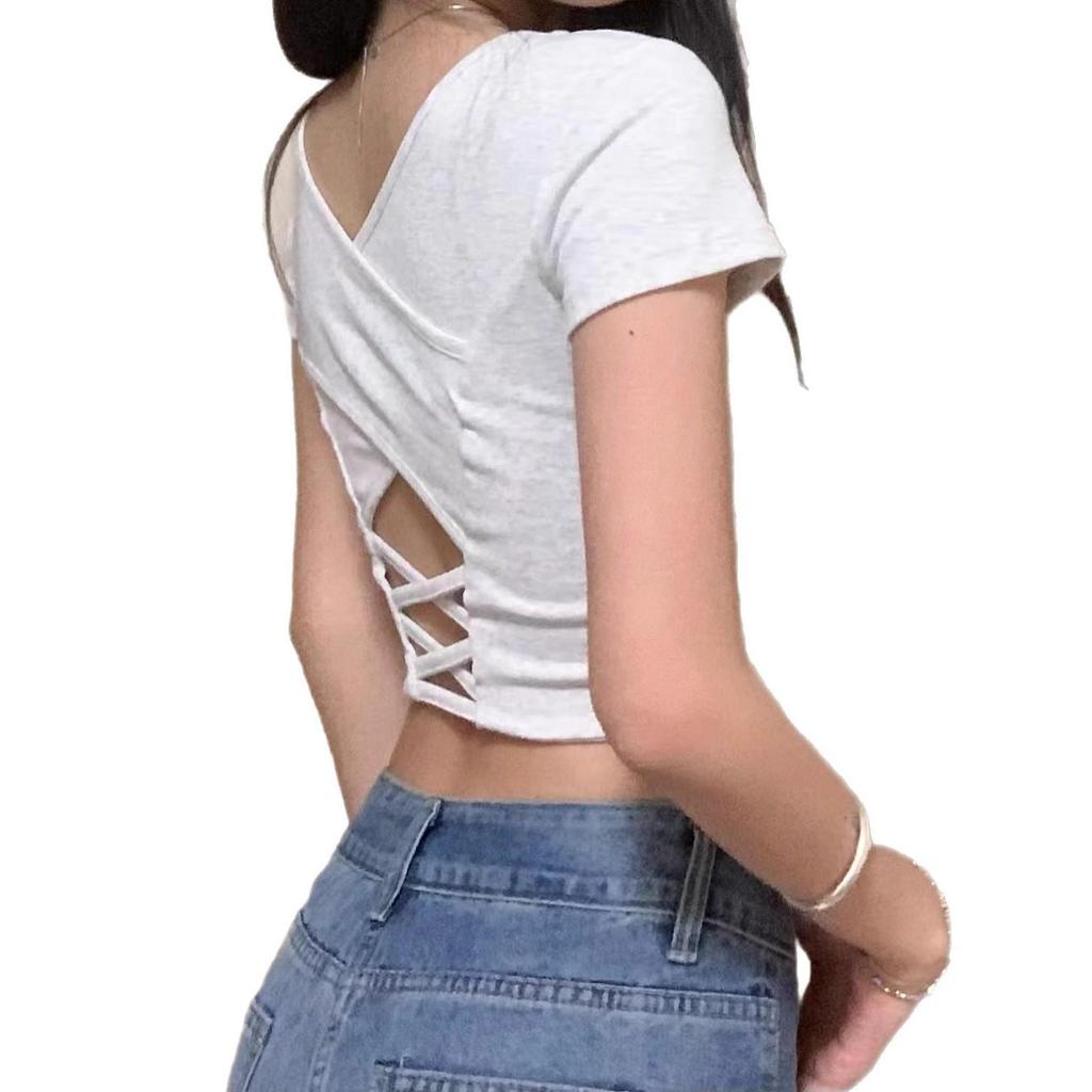 Elegant Summer Women's Short-Sleeve T-Shirt with Open Back and Chest Pads