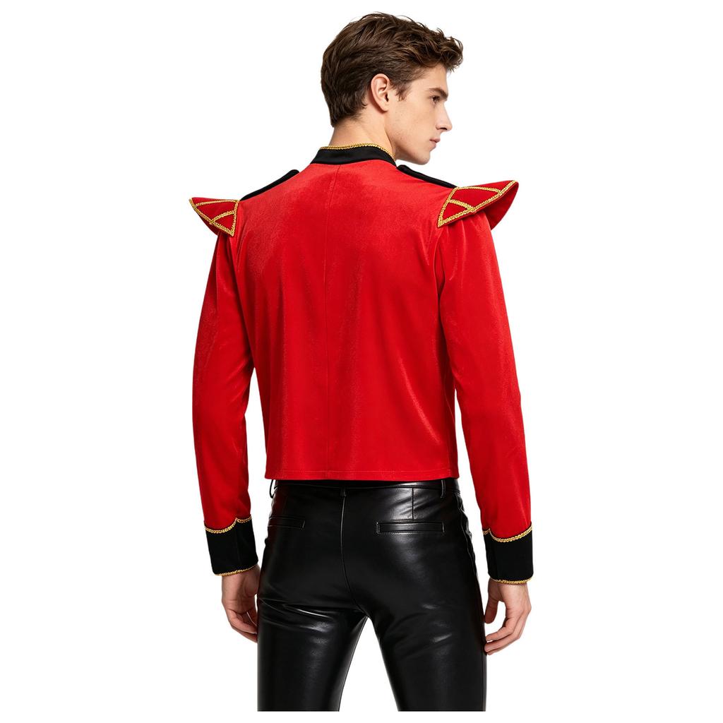 Stand Collar Long Sleeve Velvet Jacket with Gold Trim and Shoulder Boards for Men Circus Ringmaster Halloween Carnival Costume