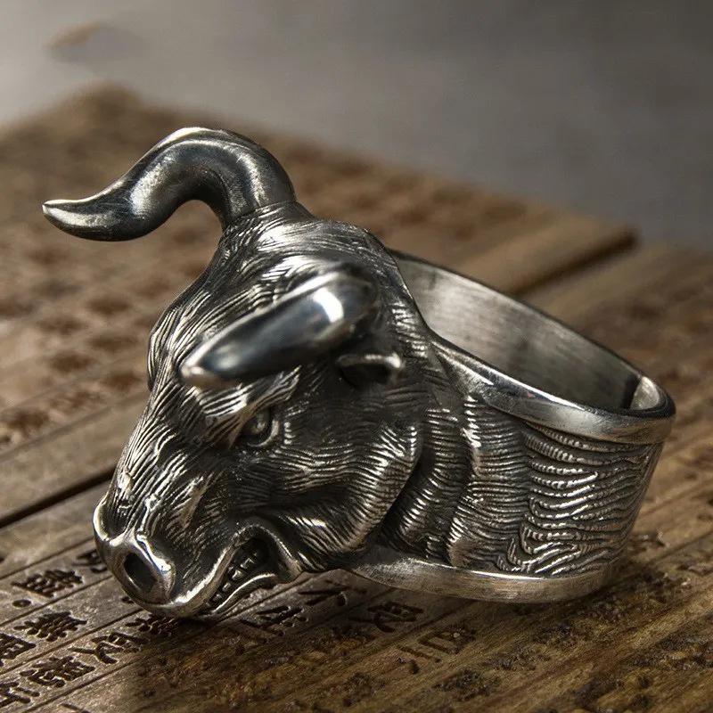 Yintai Feifei Zodiac Ox Silver Ring - Bold Bull Head for Men, Year of the Ox Finger Jewelry