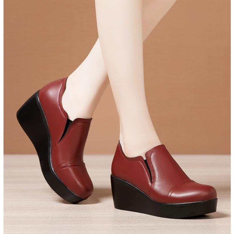 Mode Keilabsätze Damenschuhe Herbst Winter Slipper High Heels Runde Zehenpartie Echtes Leder Lässige Damen Plateau Schuhe Damenstiefel