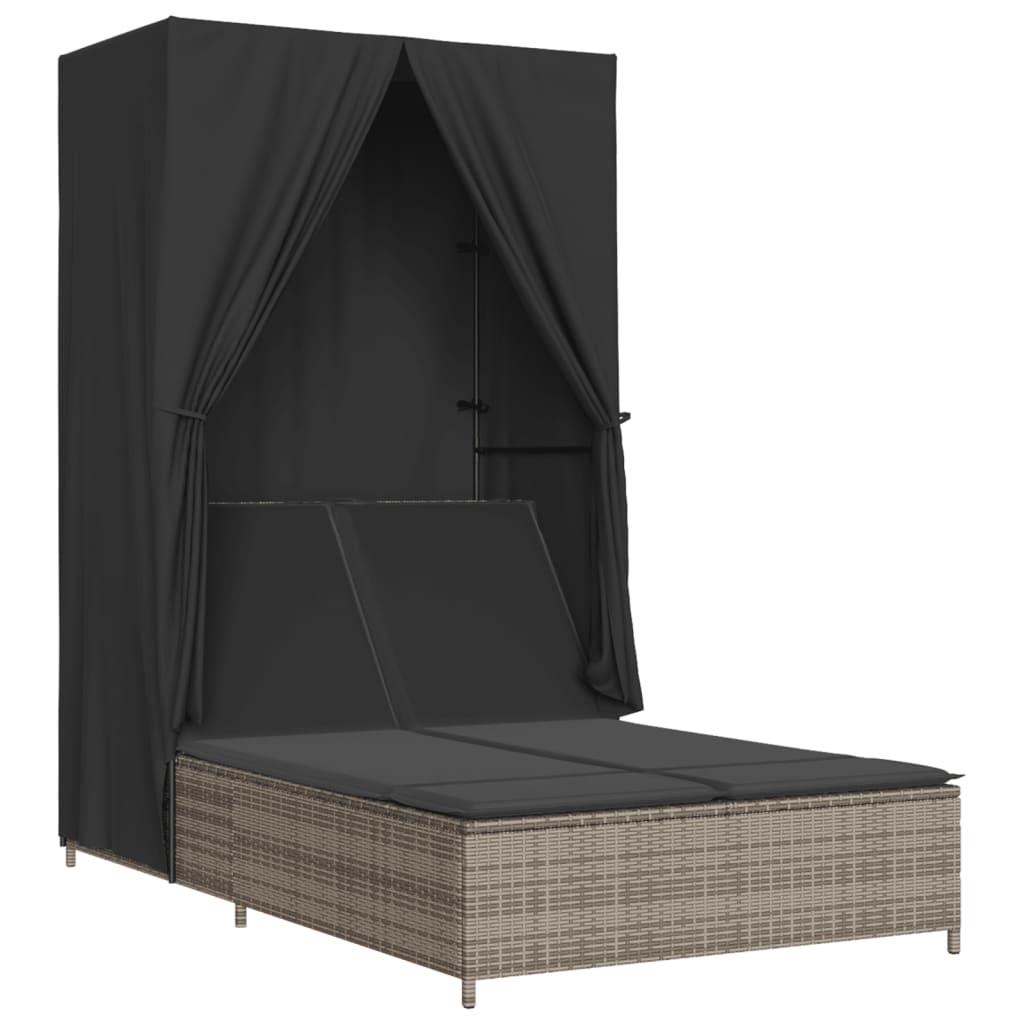 Vidaxl Doppia Sdraio con Tettoia e Tende, Polyrattan Grigio