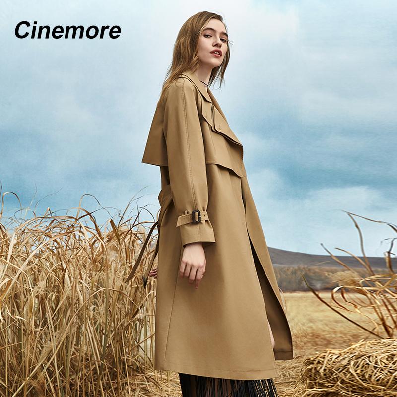 Cinemore Trench Coat for Women Long Windbreaker Jacket Casual Solid Loose Windproof Overcoat Lapel Belted Fashion Chic Lady Coat
