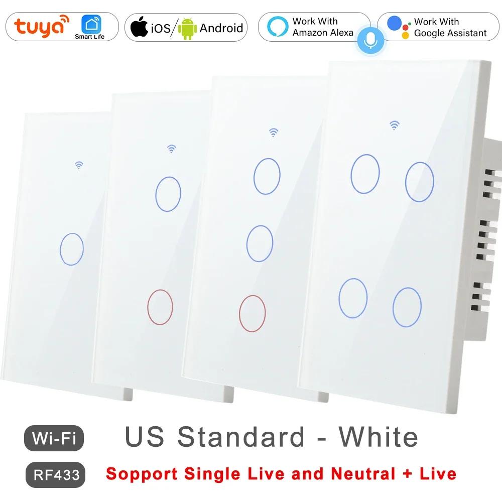 

WiFi Tuya RF for Lights Australia US BR IL Alexa 220V 1 2 3 4 Gang Smart Remote Control Touch Light Switch Neutral + Live Wire 1-Gang белый