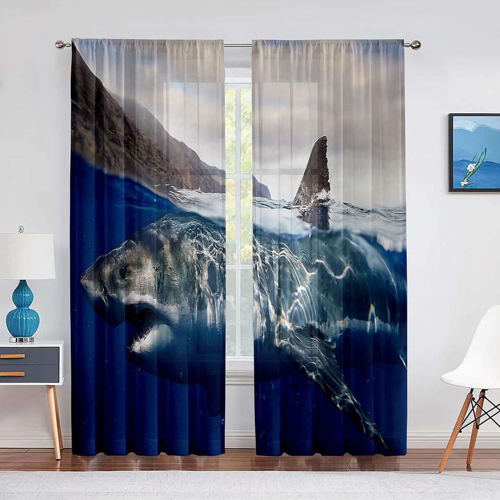 3D Hajfisk Hav Marin Tema Skir Voilegardin för Vardagsrumsfönster Chiffongpersienner Sovrum Tyll Draperi Köksgardiner