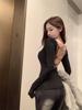 Women's Black Lace Splicing V-Neck Open-Back Long-Sleeve Top for Autumn/Winter