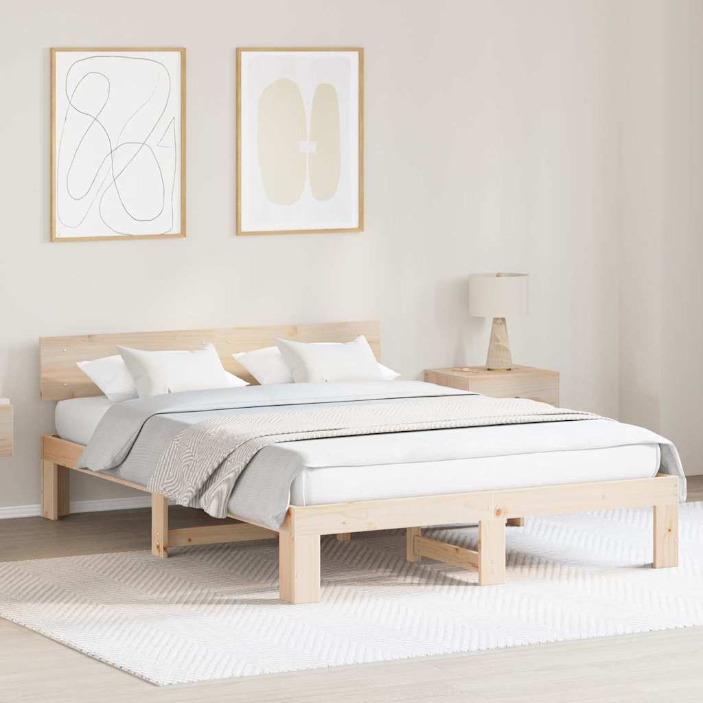 Natural Wooden Bed Frame with Headboard 140 x 200 cm Solid Pine Wood