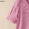 ZANZEA Blusa Casual da Donna a Maniche Corte con Patchwork di Pizzo e Scollo a V