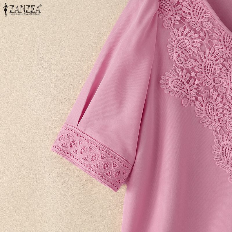 ZANZEA Blusa Casual da Donna a Maniche Corte con Patchwork di Pizzo e Scollo a V