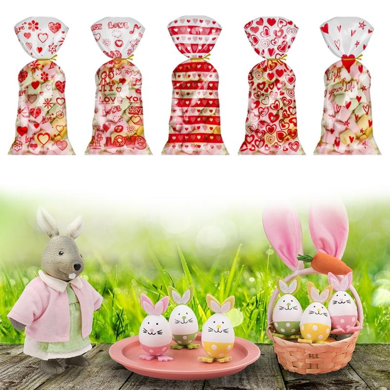 100 Stück Zellophantüten in Herzform zum Valentinstag mit Drehverschlüssen, für Feiertage, Leckereien, Schokoladentüten, Kekstüten, Geschenke