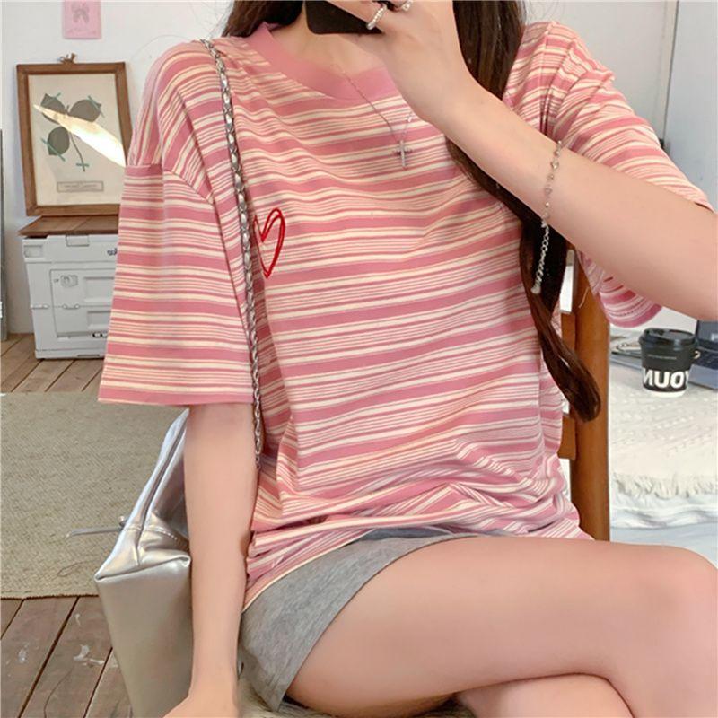 Women's Casual Loose Long T-Shirt Colorful Stripe Round O-Neck TShirt Ladies Fashion Short Sleeve Summer Plus Size Oversize Medium Nylon