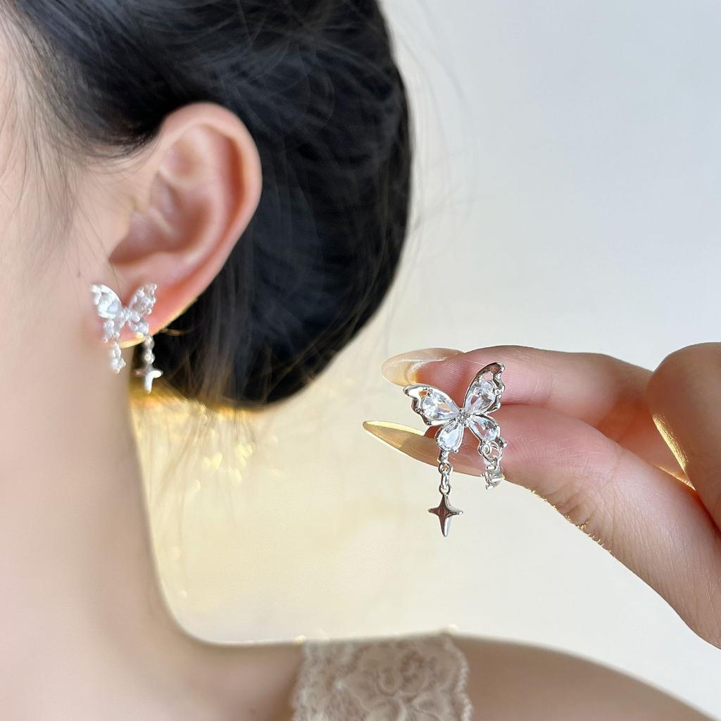 PANJBJ 925 Silver Bow Knot Earring for Women Texture Tassels Sweet Romantic Korean Jewelry Gift