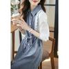 Casual Denim Dress Spring Simple Elegant Collar Contrast Stitching Drawstring Waist