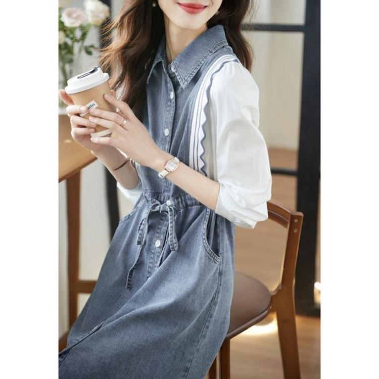 Casual Denim Dress Spring Simple Elegant Collar Contrast Stitching Drawstring Waist