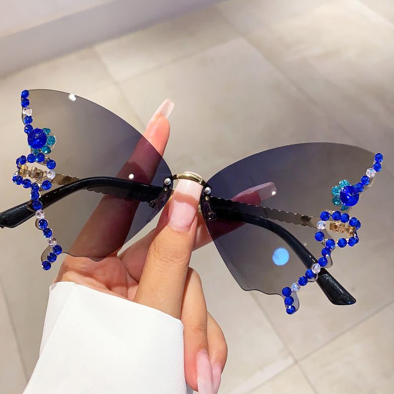Rimless Butterfly Sunglasses with Rhinestones  New Gradient Multicolor Women Shades Trendy Oversized Party Eyewear