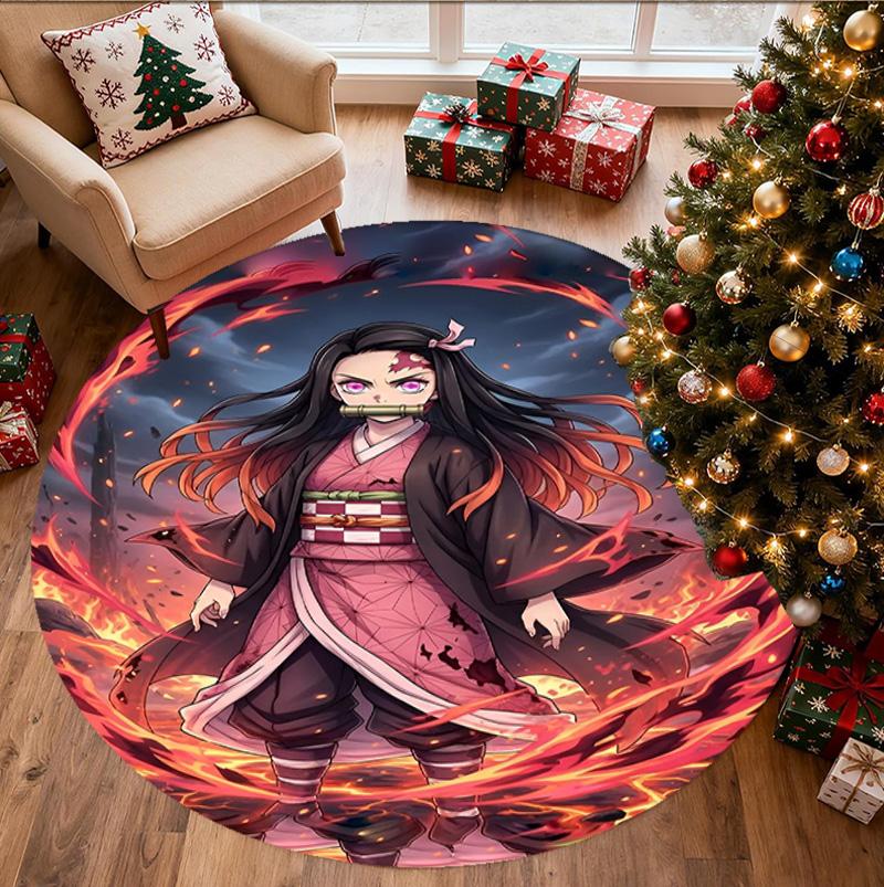 Demon Slayer Pattern Round Rug, Indoor/Outdoor Mat, for Picnic, Gameroom, Bedroom, Office, Living Room, Home Decor Carpet, Birthday Gift