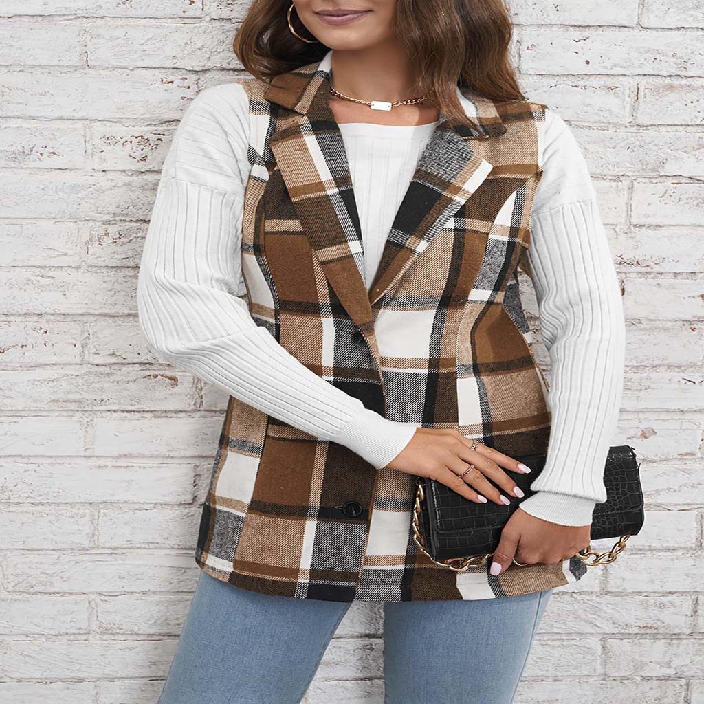 GMXIA Women's Vintage Casual Plaid Print Autumn Winter Sleeveless POLO Neck Jackets & Coats