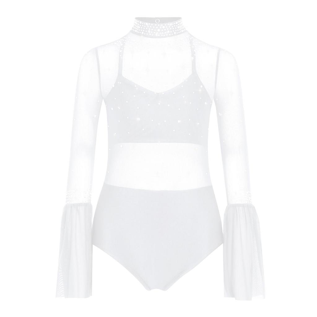Tuta da Ginnastica Artistica per Bambine Ragazze Costume da Pattinaggio Artistico per Bambini Body in Rete Trasparente a Manica Lunga con Cutout Leotard da Balletto/Ginnastica