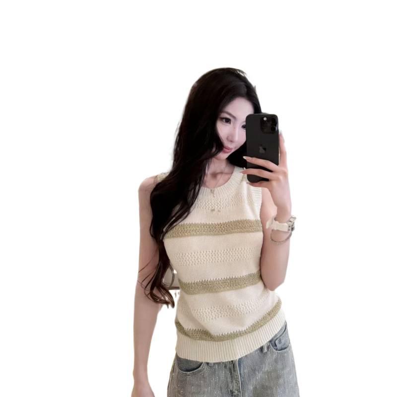 High-Quality Gold & Silver Thread Striped Knit Round Neck Vest - 2026 Summer Slimming Crochet Top