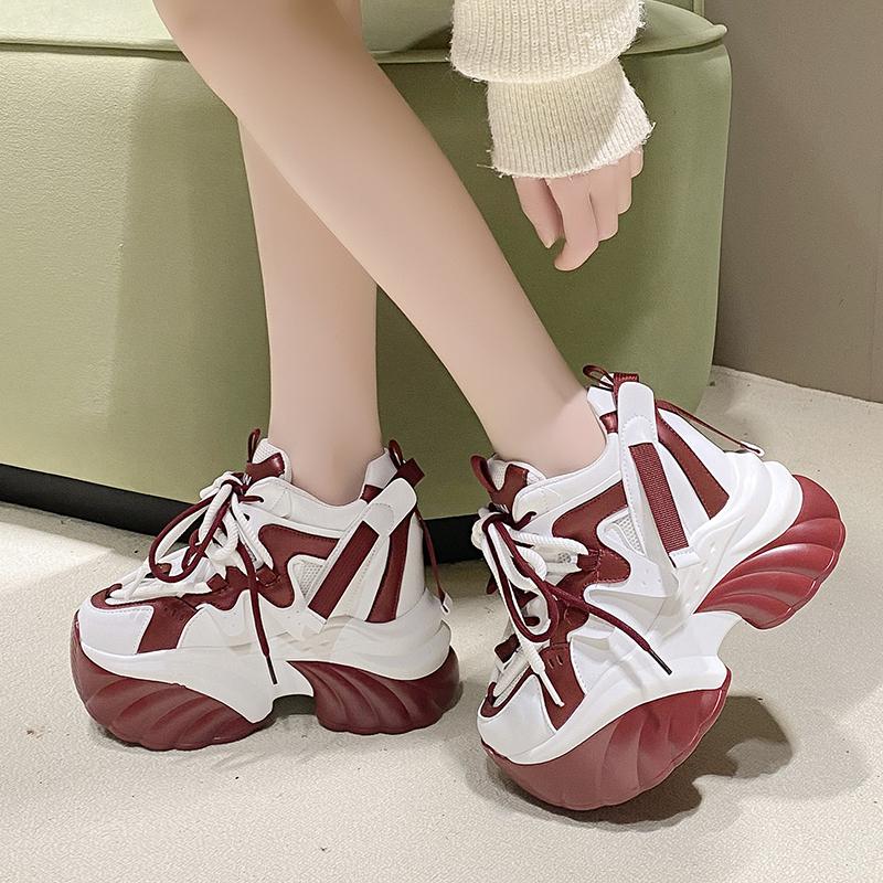 Fashion 10CM Women High Platform Sneakers Autumn Winter Lace-up Chunky Shoes Heels Thick Sole Casual Shoes Woman Sport Leather Sneakers