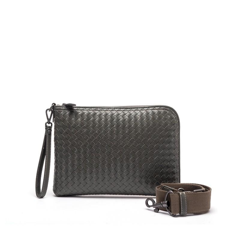 Mens Genuine Leather Woven Handheld Crossbody Bag Daily Commute Black Gray Navy Coffee Beige