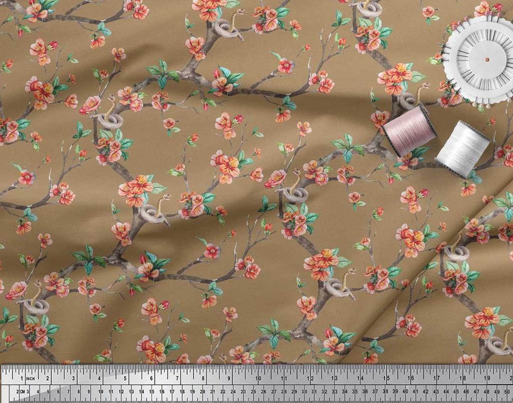 Soimoi Japonská krepová saténová látka Had, listy a květy, květinový potisk v metrech 42 palců