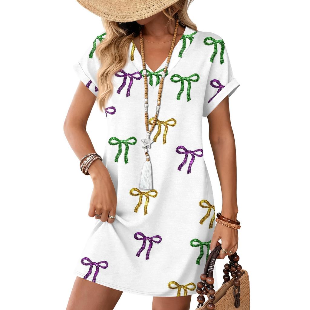 Short Sleeve Women's Dress Casual Dresses With Pockets V Neck Vocation Boho Beach Sundress