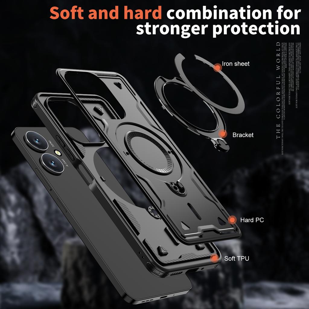 Magnetic Case For Xiaomi Redmi 13C 4G/5G/13R 5G/Poco C65 4G/M6 5G Military Protection PC+TPU Kickstand Phone Cover