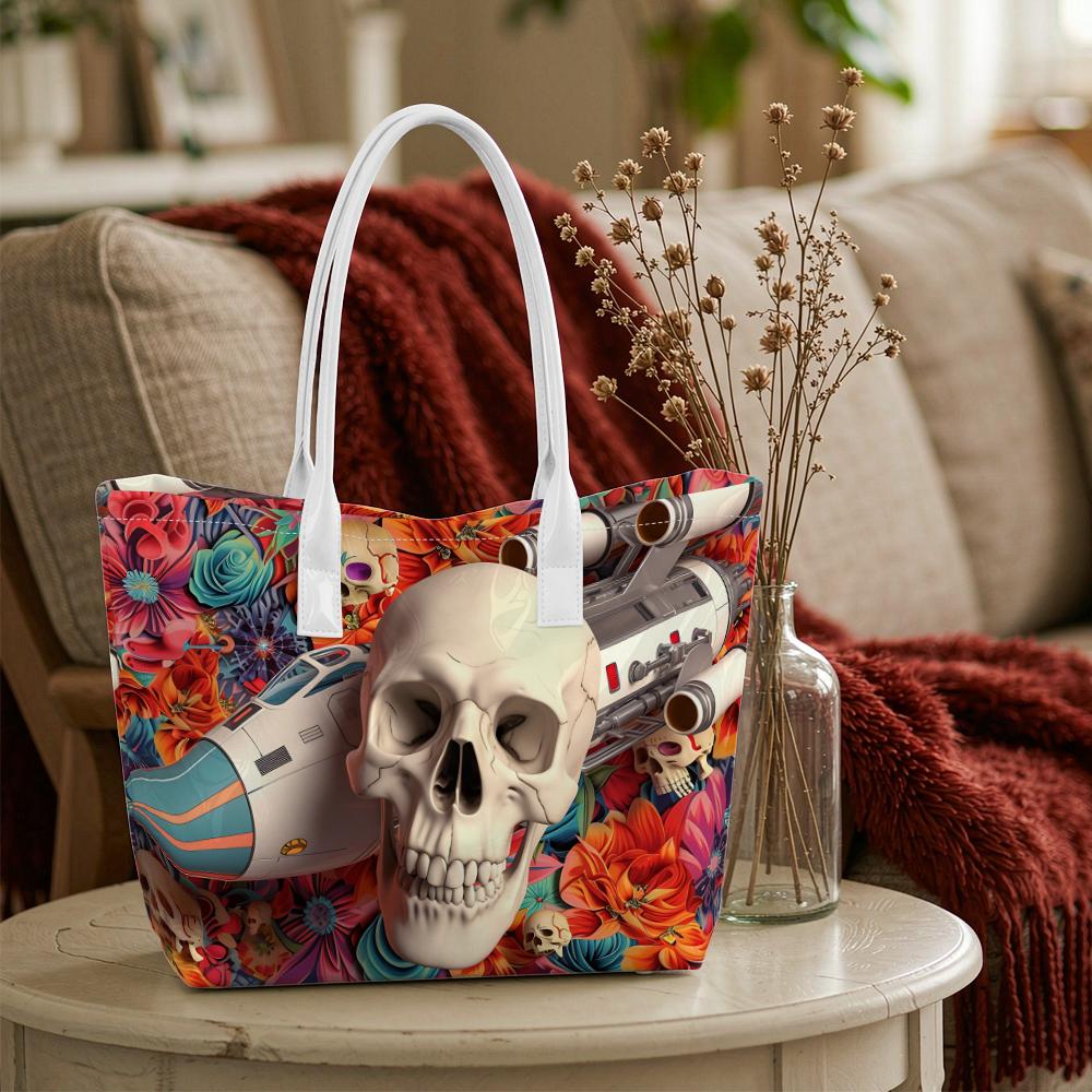 Skull Rocket Floral Fashion Shoulder Bag Cool Trendy Street Daily Tote Bag Unique Casual Grocery Bag