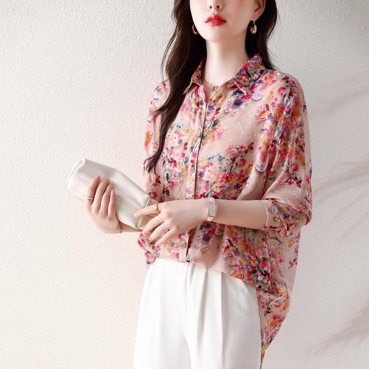 New Summer Plus Size Chiffon Blouse Women Loose Long Sleeve Casual Print Tops Fashion Shirt Tees