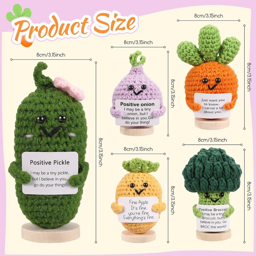 5PCS Emotional Support Crochet Doll with Base, Positive Crochet Vegetables Fruits with Positive Card Handmade Knitted Dolls Plush Cheer Up for